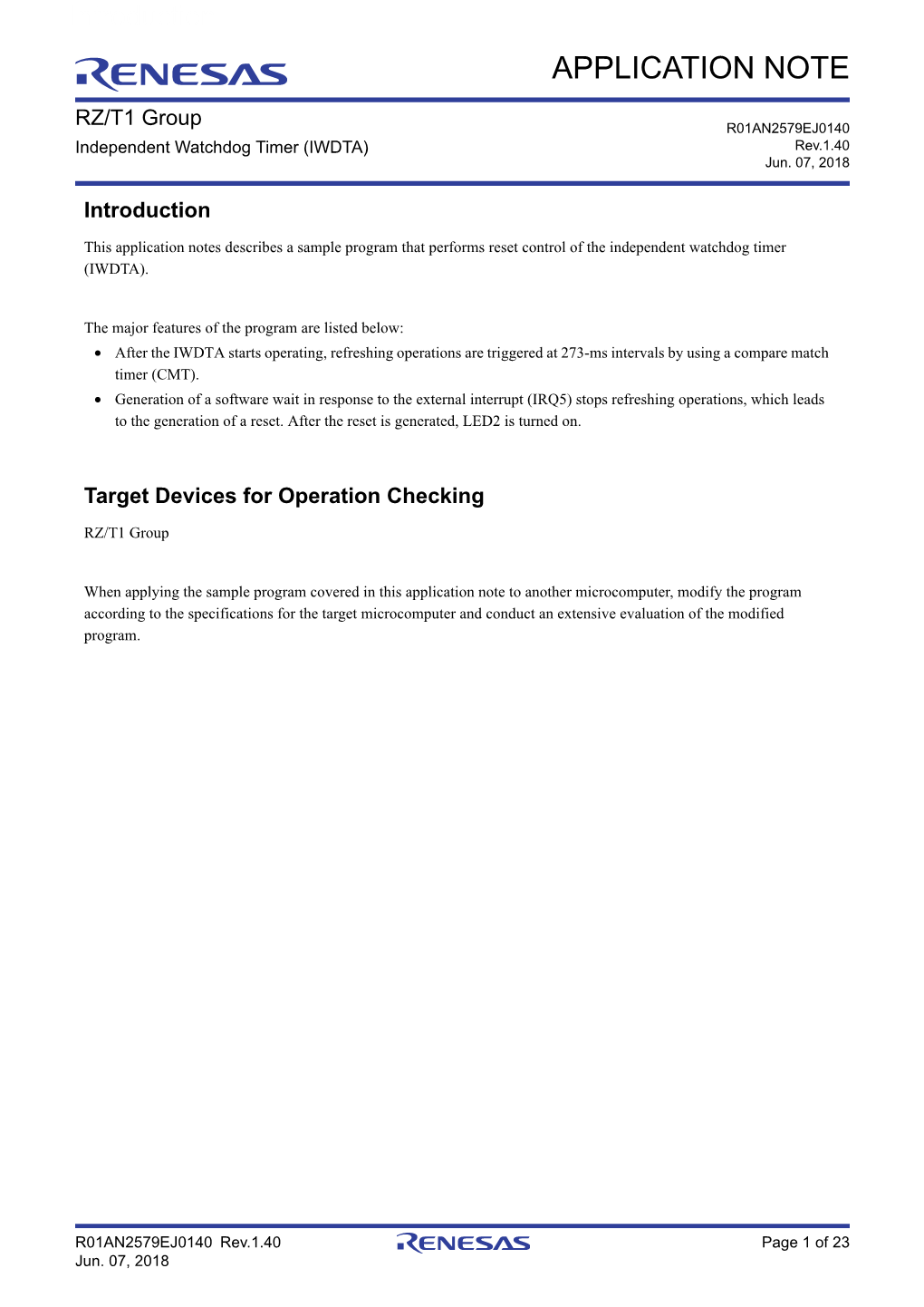 RZ/T1 Group Independent Watchdog Timer (IWDTA)