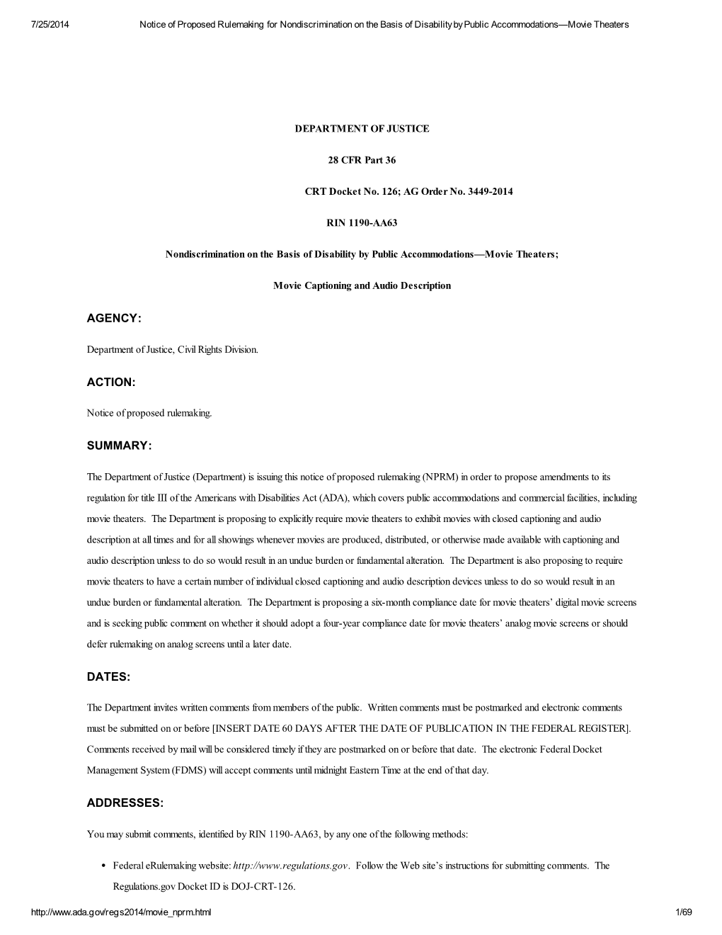 Proposed Rulemaking for Nondiscrimination on the Basis of Disability by Public Accommodations—Movie Theaters