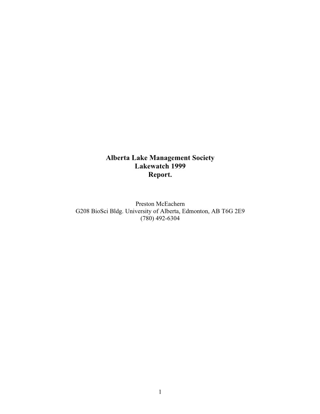 Alberta Lake Management Society Lakewatch 1999 Report