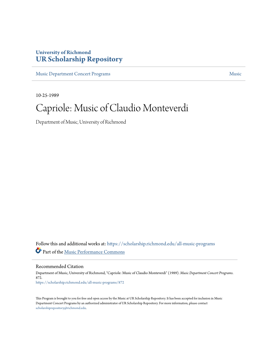 Music of Claudio Monteverdi Department of Music, University of Richmond