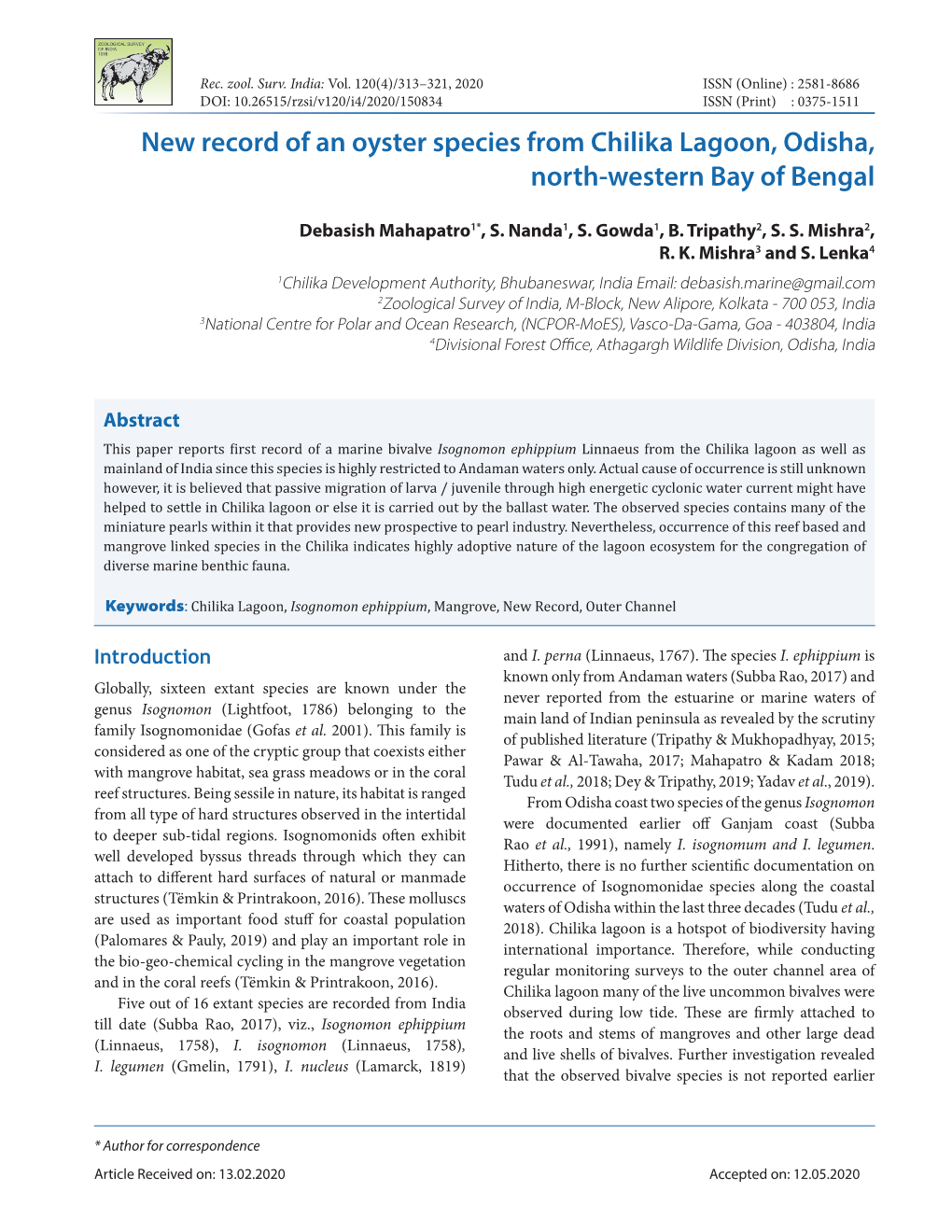 New Record of an Oyster Species from Chilika Lagoon, Odisha, North-Western Bay of Bengal