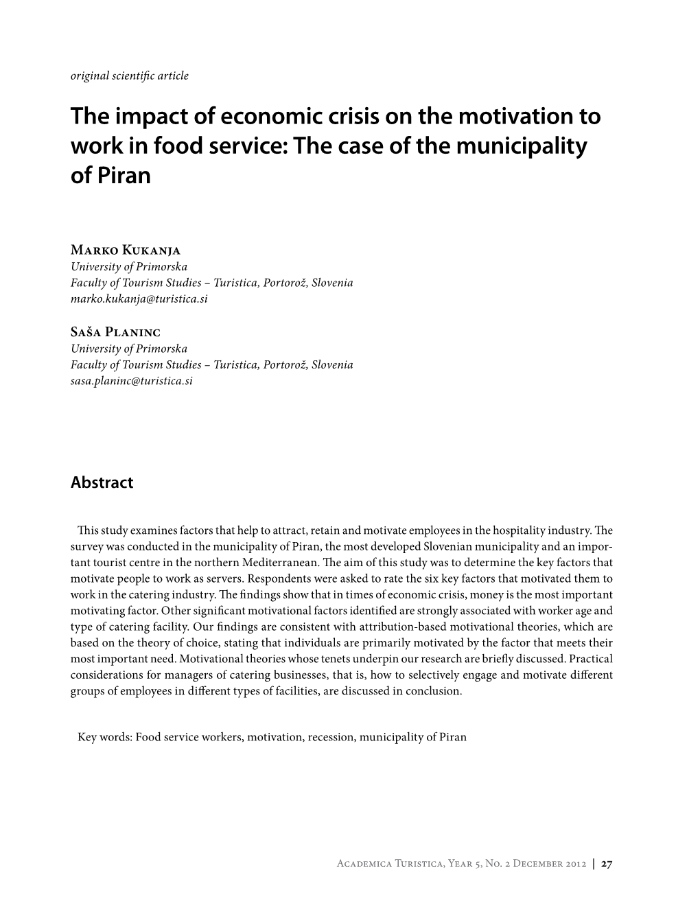 The Impact of Economic Crisis on the Motivation to Work in Food Service: the Case of the Municipality of Piran