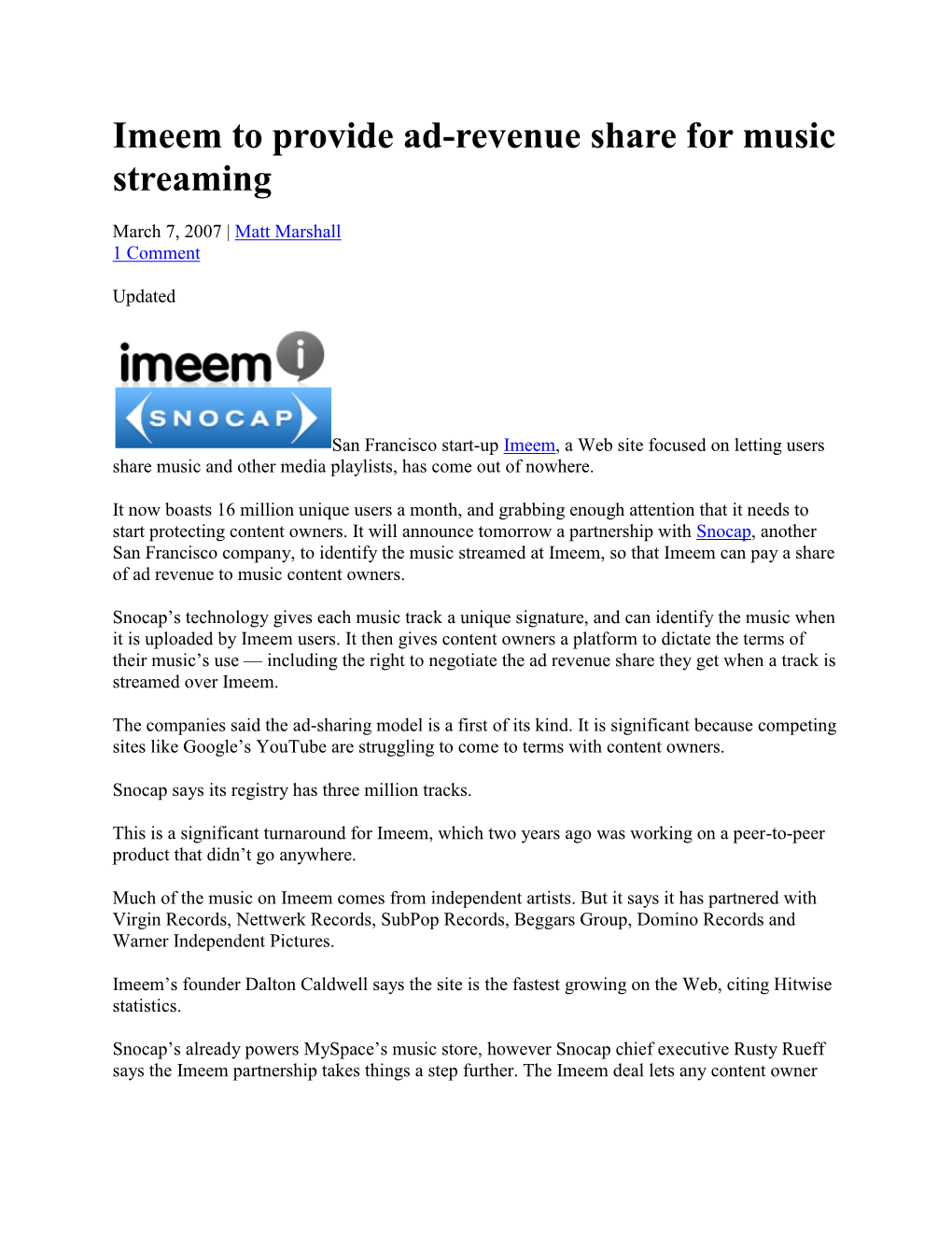 Imeem to Provide Ad-Revenue Share for Music Streaming