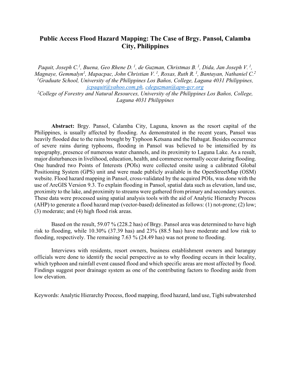 Public Access Flood Hazard Mapping: the Case of Brgy. Pansol, Calamba City, Philippines