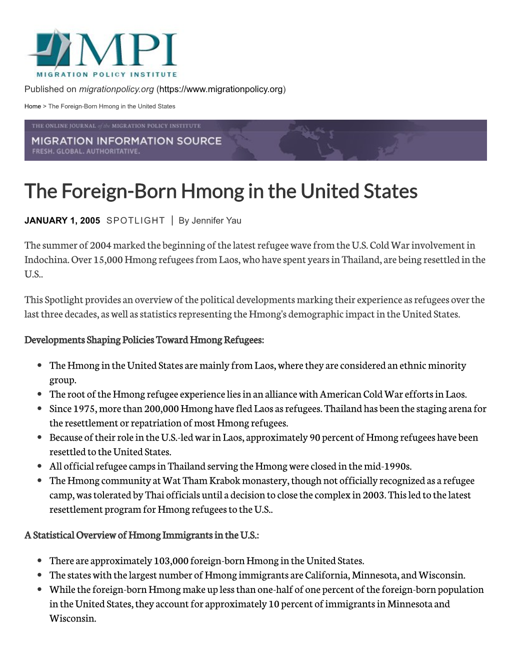 The Foreign-Born Hmong in the United States