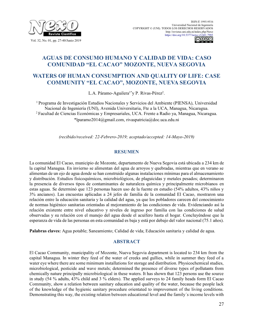 Aguas De Consumo Humano Y Calidad De Vida: Caso Comunidad “El Cacao” Mozonte, Nueva Segovia Waters of Human Consumption