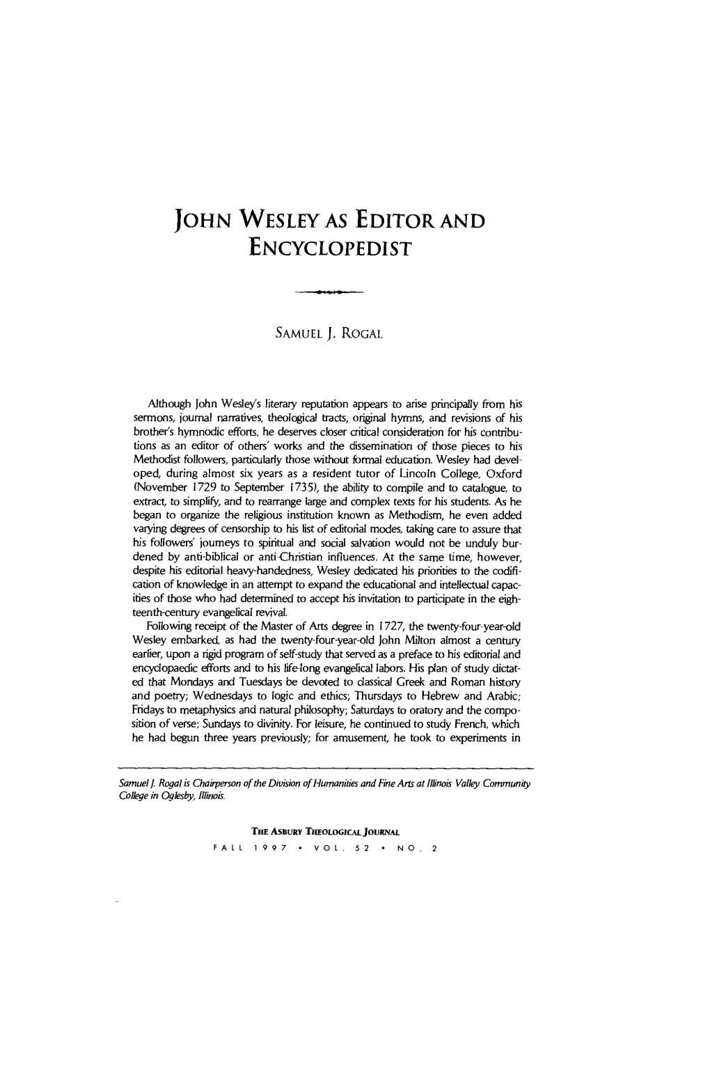 John Wesley As Editor and Encyclopedist