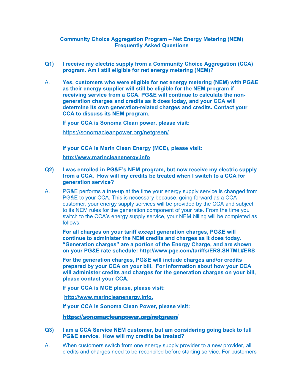 Community Choice Aggregation Program – Net Energy Metering (NEM)