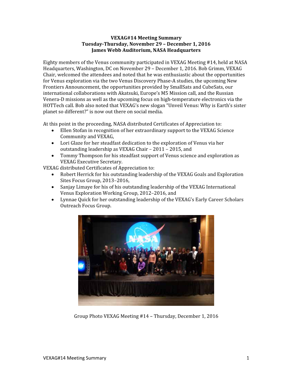 Meeting Summary Tuesday‐Thursday, November 29 – December 1, 2016 James Webb Auditorium, NASA Headquarters