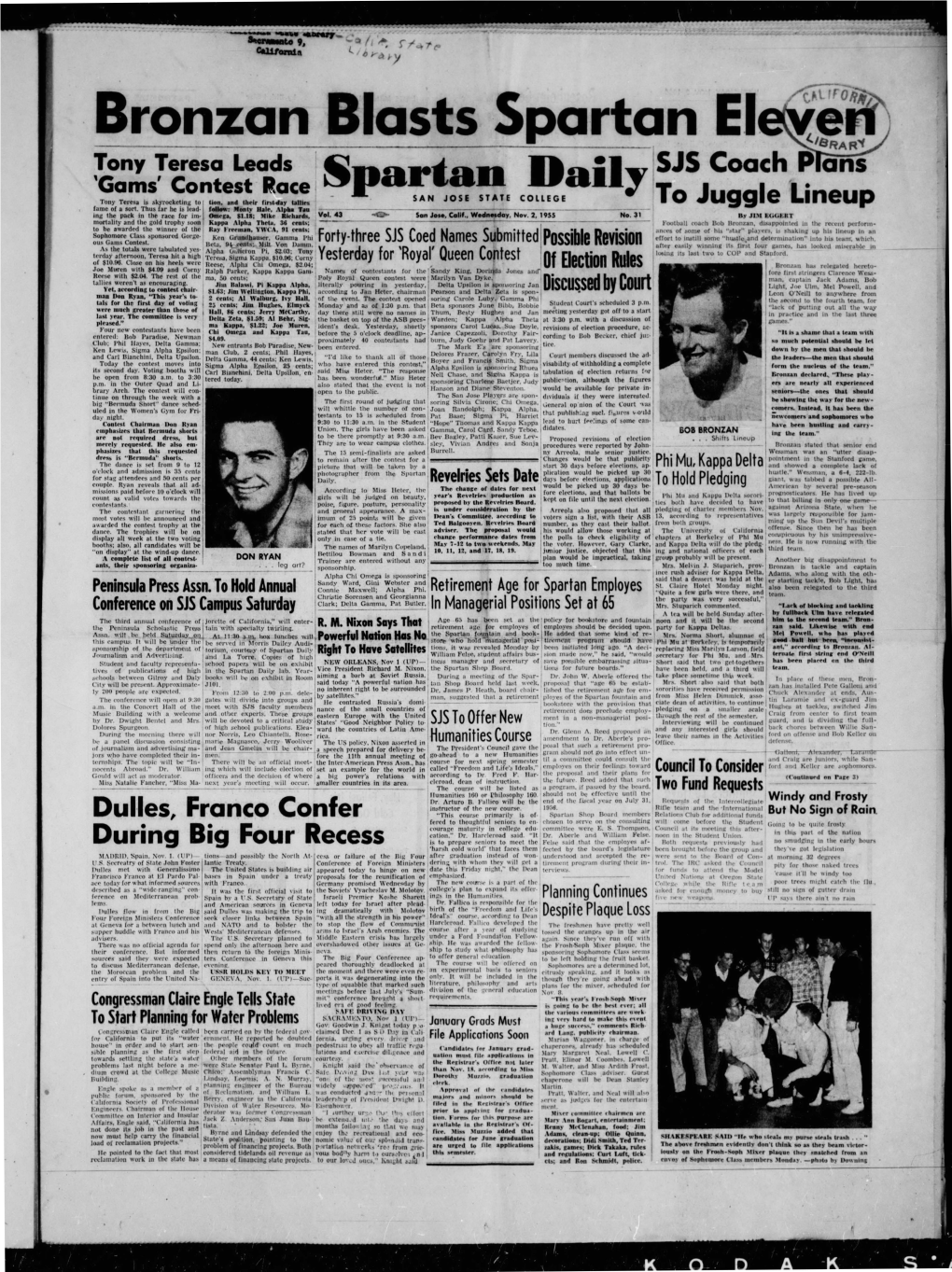 Bronzan Blasts Spartan El Tony Teresa Leads ',VS Coach P Ans 'Gams' Contest Race Spartan Dail SAN JOSE STATE COLLEGE Tony Teresa Is Skyrocketing to I Lion