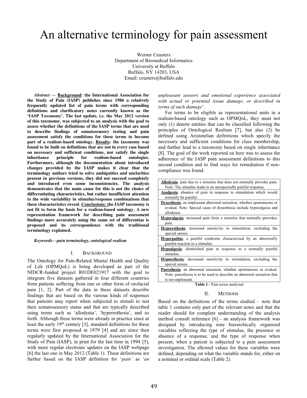 An Alternative Terminology for Pain Assessment