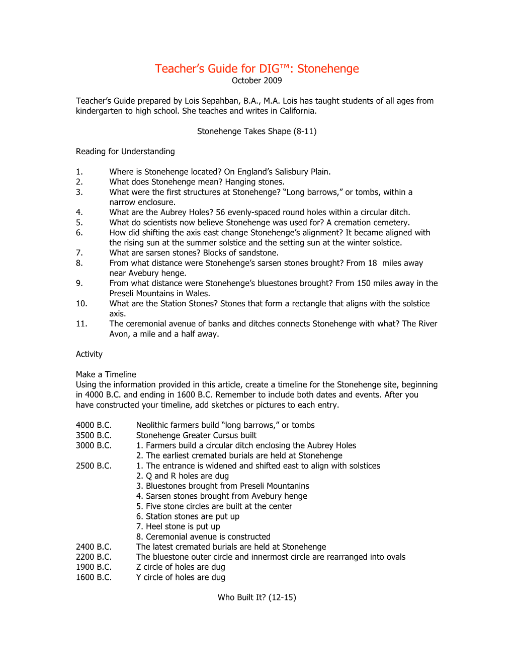 Teacher's Guide for DIG™: Stonehenge