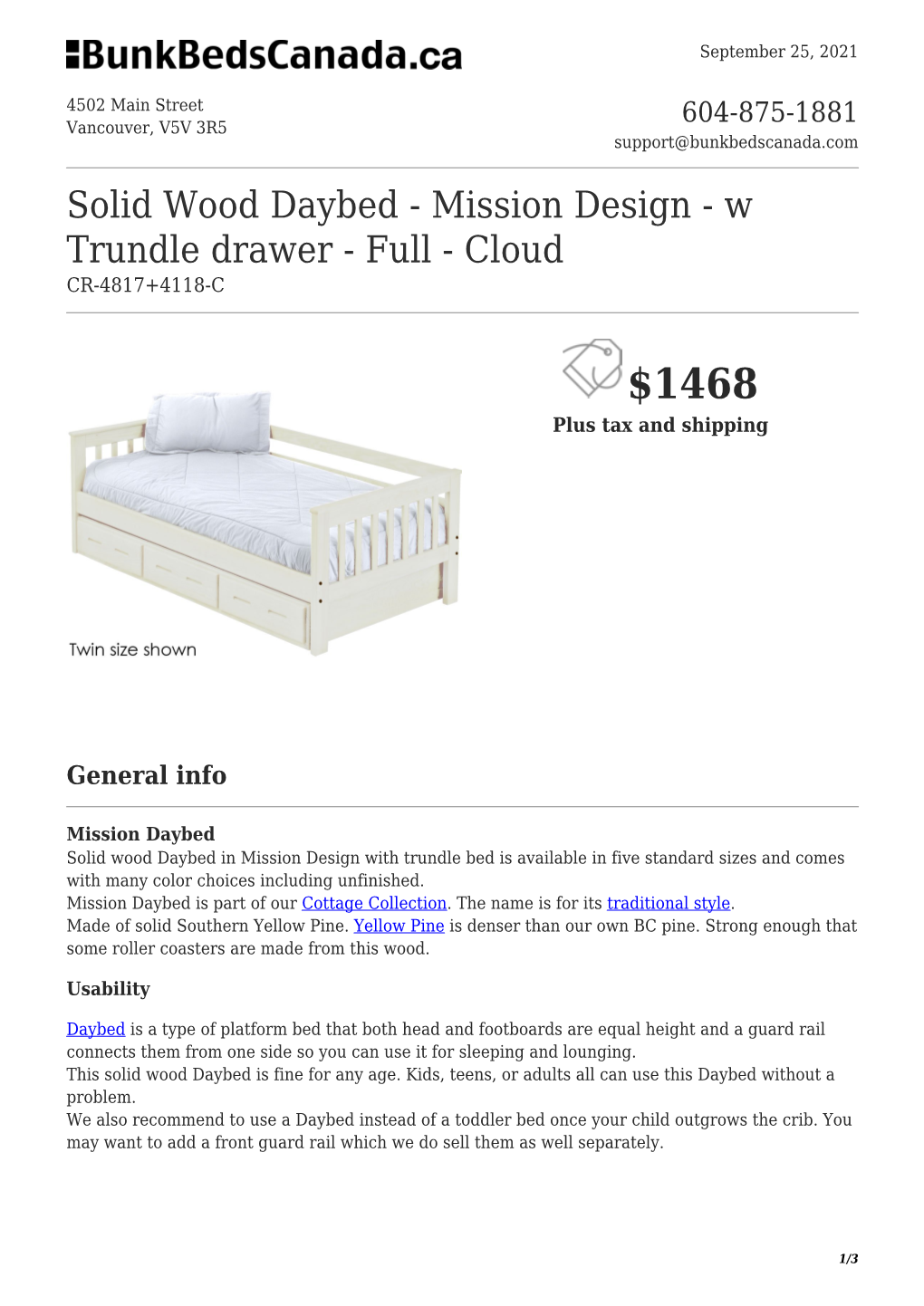 Solid Wood Daybed - Mission Design - W Trundle Drawer - Full - Cloud CR-4817+4118-C