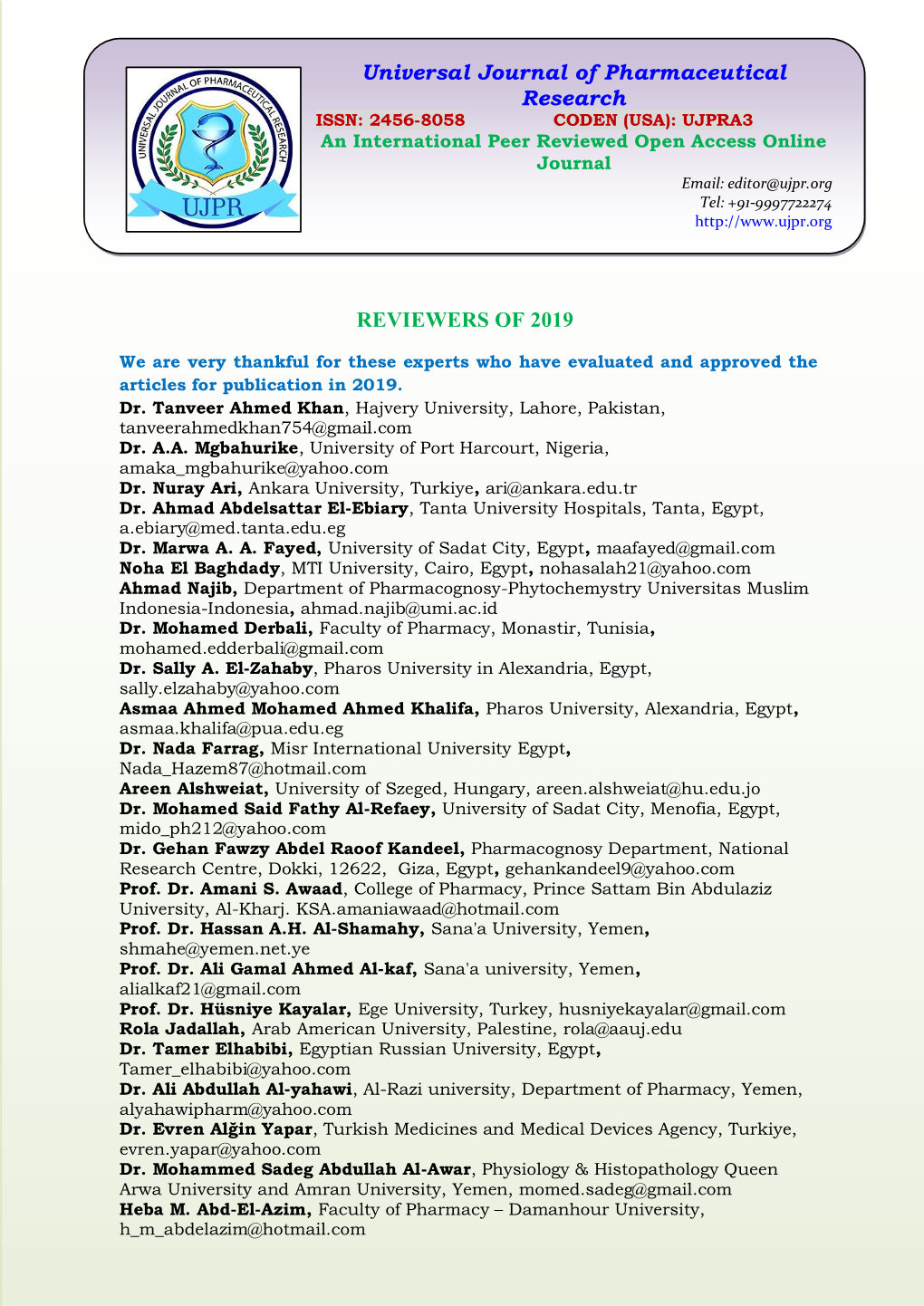 Universal Journal of Pharmaceutical Research REVIEWERS of 2019