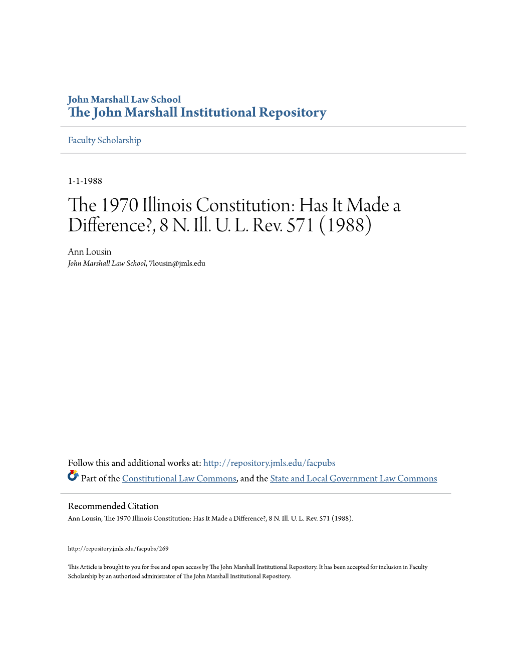 The 1970 Illinois Constitution: Has It Made a Difference?, 8 N