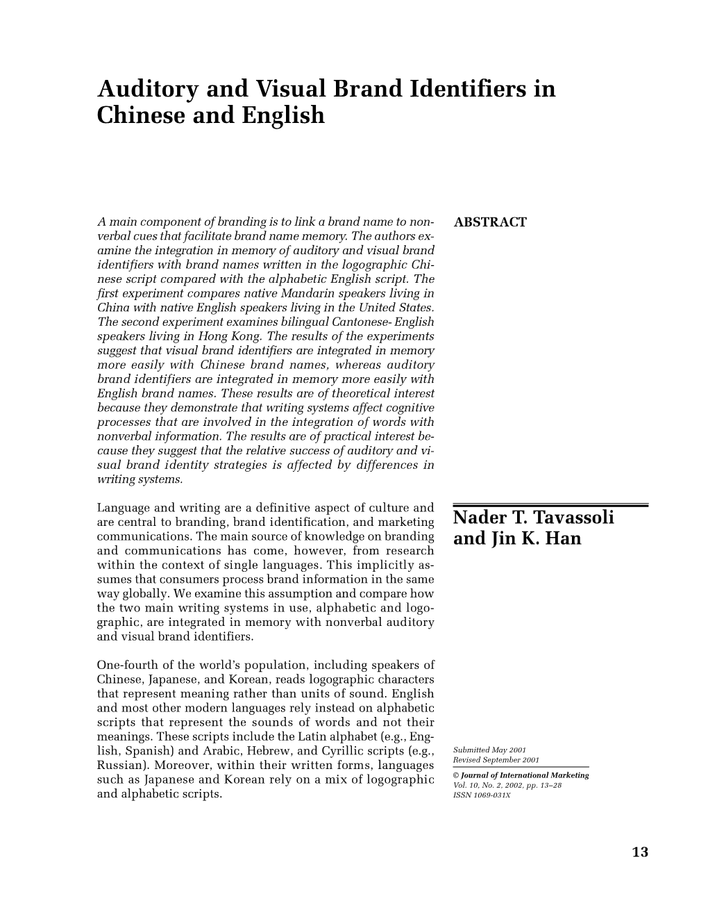 Auditory and Visual Brand Identifiers in Chinese and English