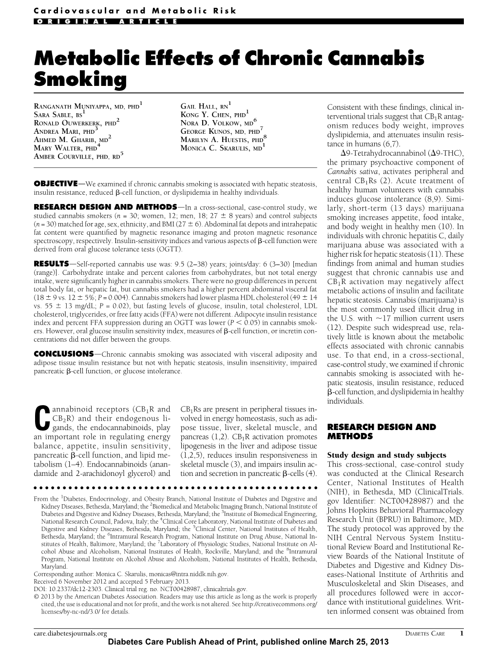 Metabolic Effects of Chronic Cannabis Smoking