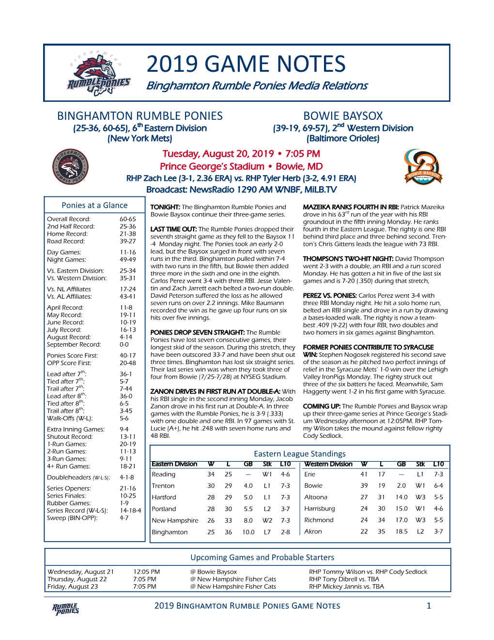 2019 GAME NOTES Binghamton Rumble Ponies Media Relations