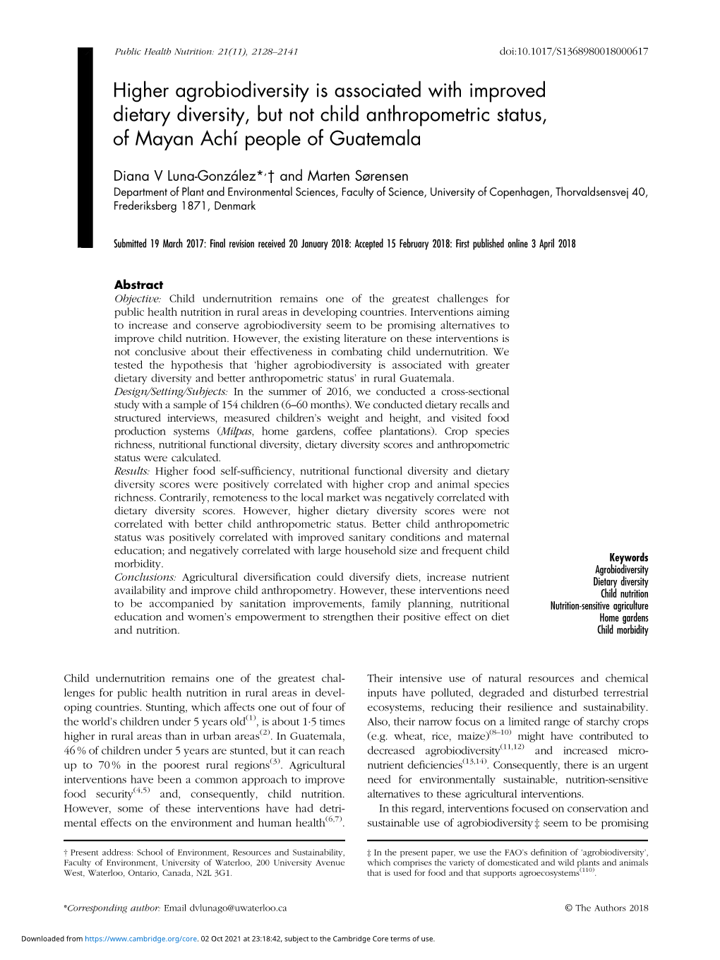 Higher Agrobiodiversity Is Associated with Improved Dietary Diversity, but Not Child Anthropometric Status, of Mayan Achí People of Guatemala