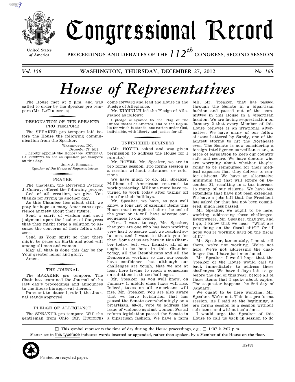 Congressional Record United States Th of America PROCEEDINGS and DEBATES of the 112 CONGRESS, SECOND SESSION