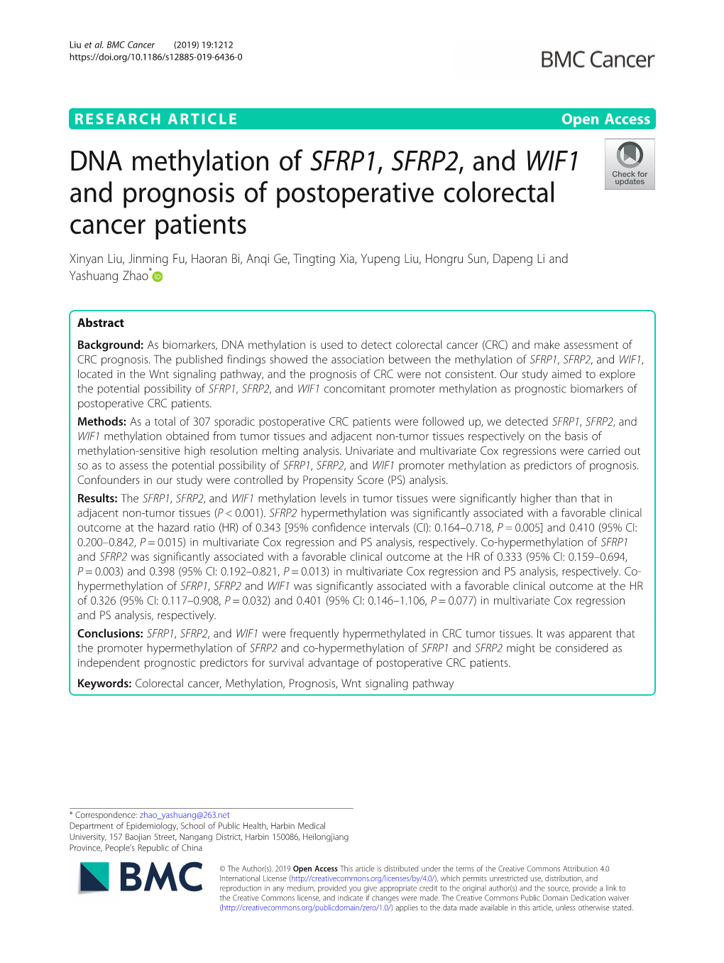 DNA Methylation of SFRP1, SFRP2, and WIF1 and Prognosis Of