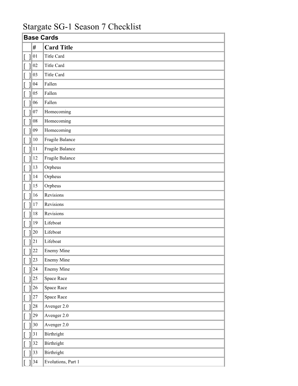 Stargate SG-1 Season 7 Checklist