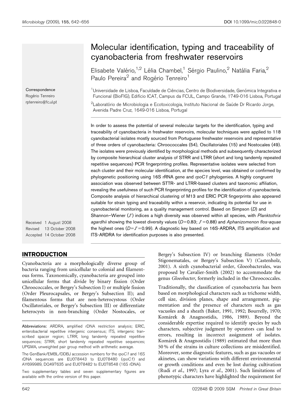 Molecular Identification, Typing and Traceability of Cyanobacteria from Freshwater Reservoirs