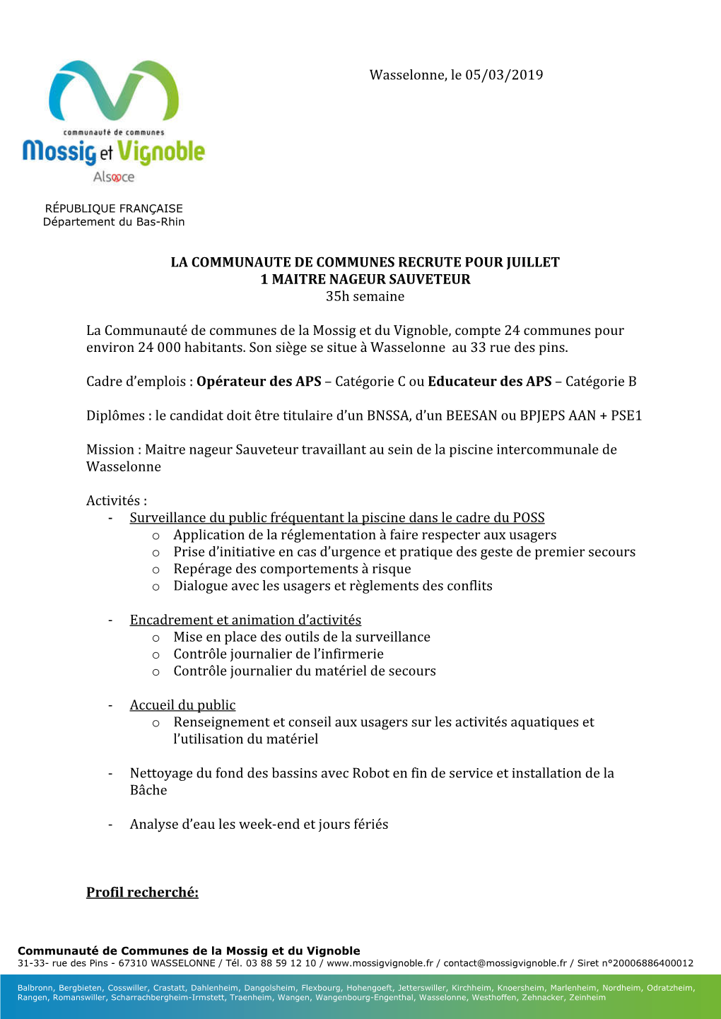 Wasselonne, Le 05/03/2019 LA COMMUNAUTE DE COMMUNES RECRUTE POUR JUILLET 1 MAITRE NAGEUR SAUVETEUR 35H Semaine La Communauté D