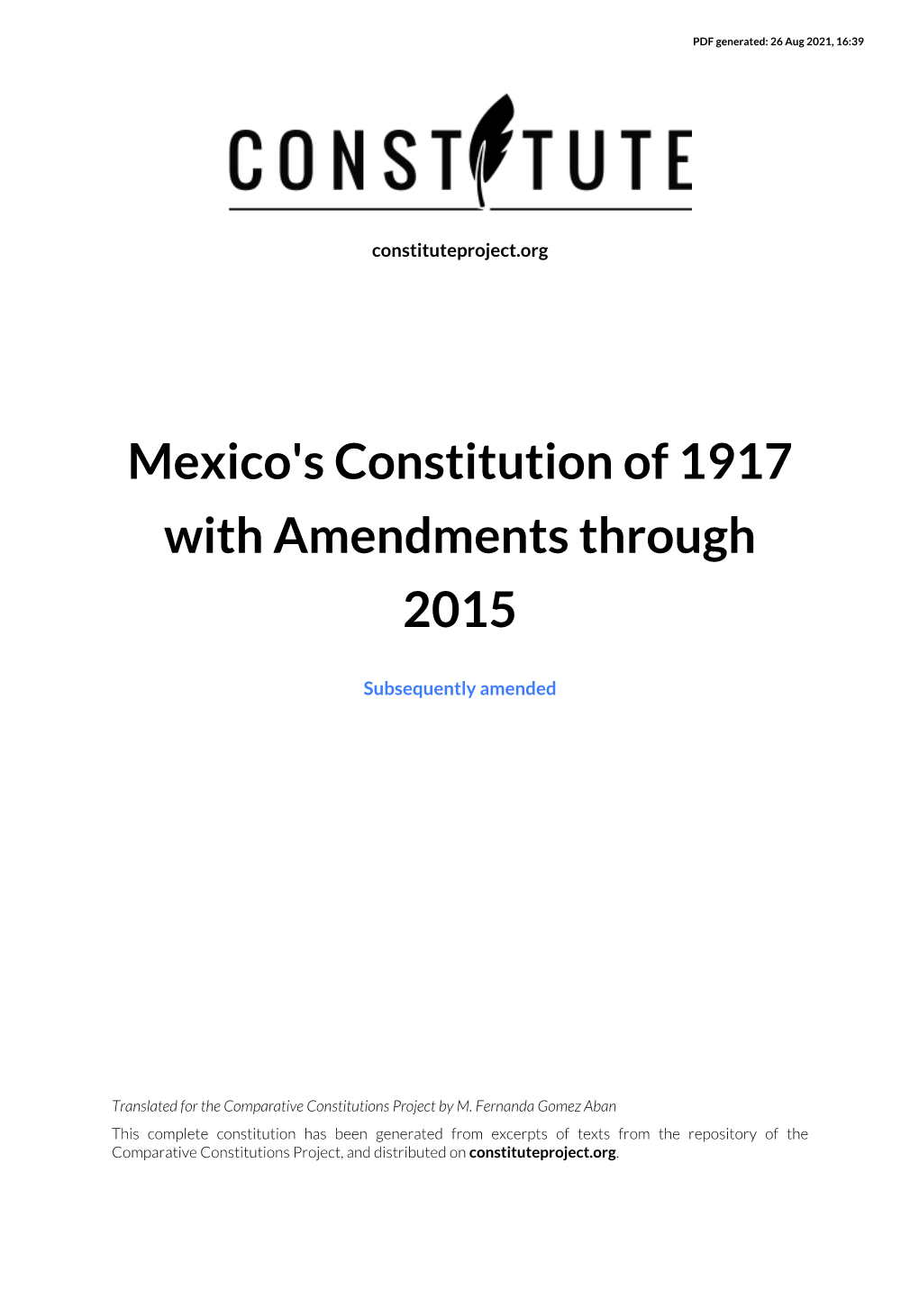 Mexico's Constitution of 1917 with Amendments Through 2015