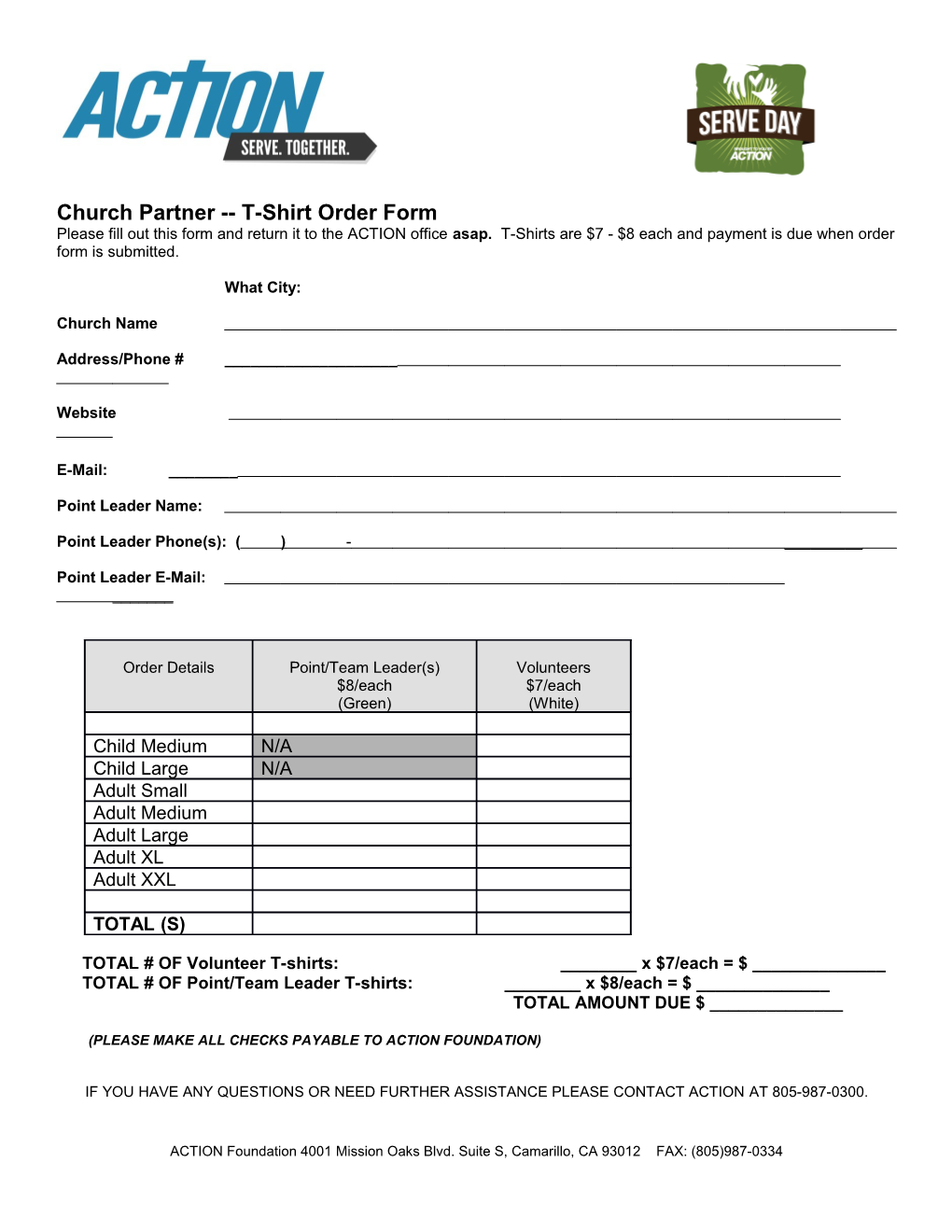 Church Partner T-Shirt Order Form