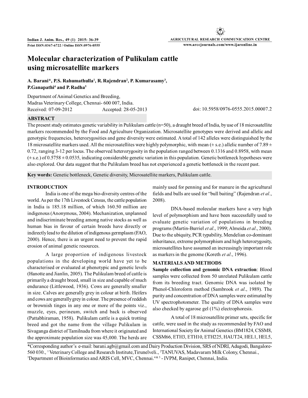Molecular Characterization of Pulikulam Cattle Using Microsatellite Markers