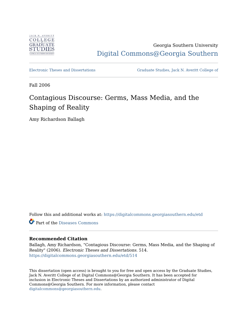 Contagious Discourse: Germs, Mass Media, and the Shaping of Reality