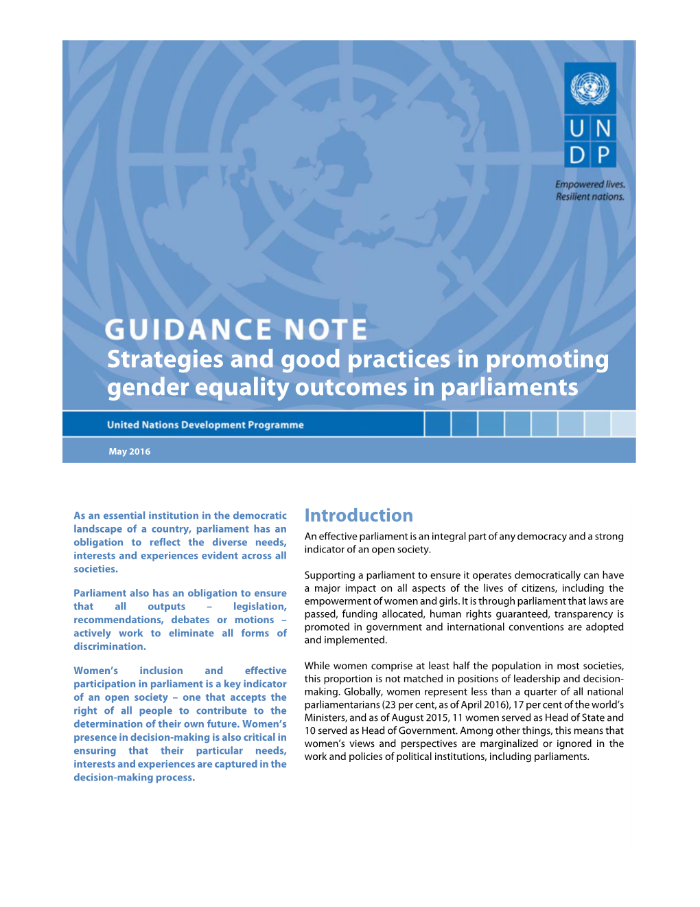 Strategies and Good Practices in Promoting Gender Equality Outcomes in Parliaments