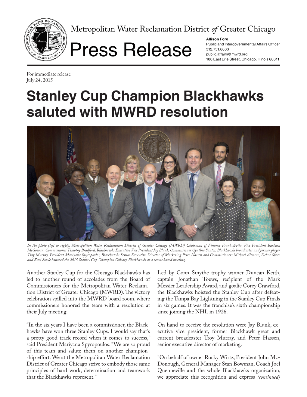 Stanley Cup Champion Blackhawks Saluted with MWRD Resolution