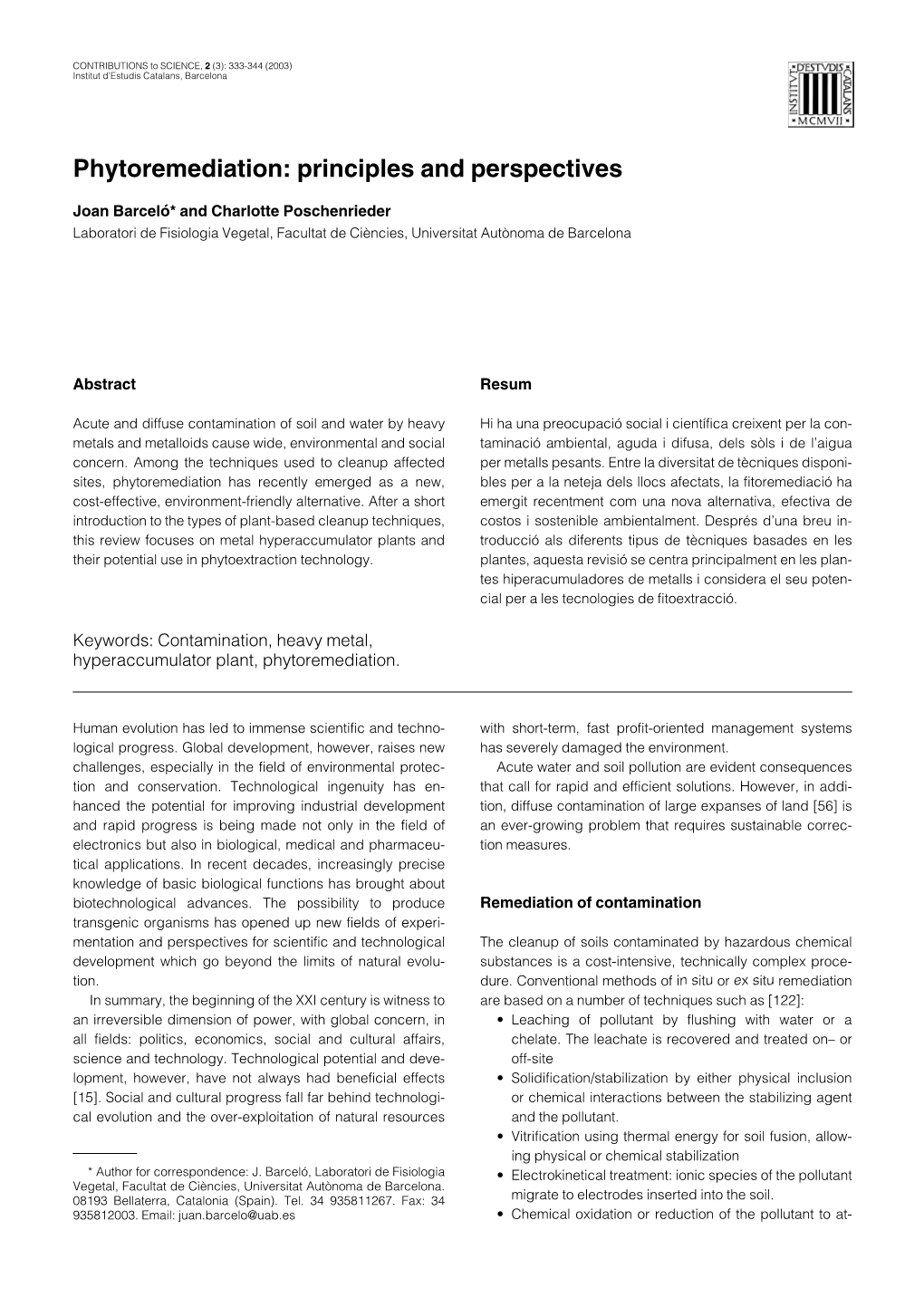 Phytoremediation: Principles and Perspectives