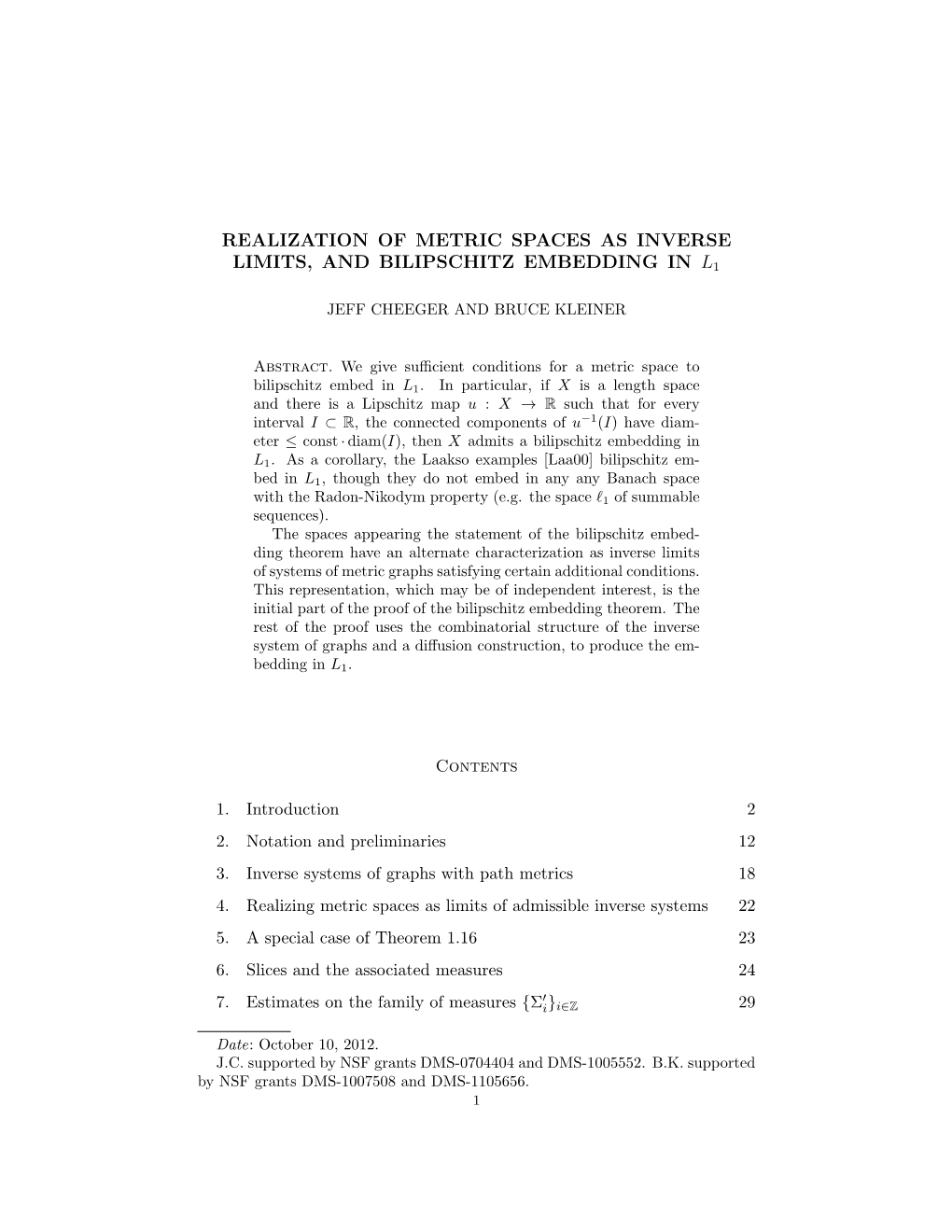 Realization of Metric Spaces As Inverse Limits, and Bilipschitz Embedding in L1