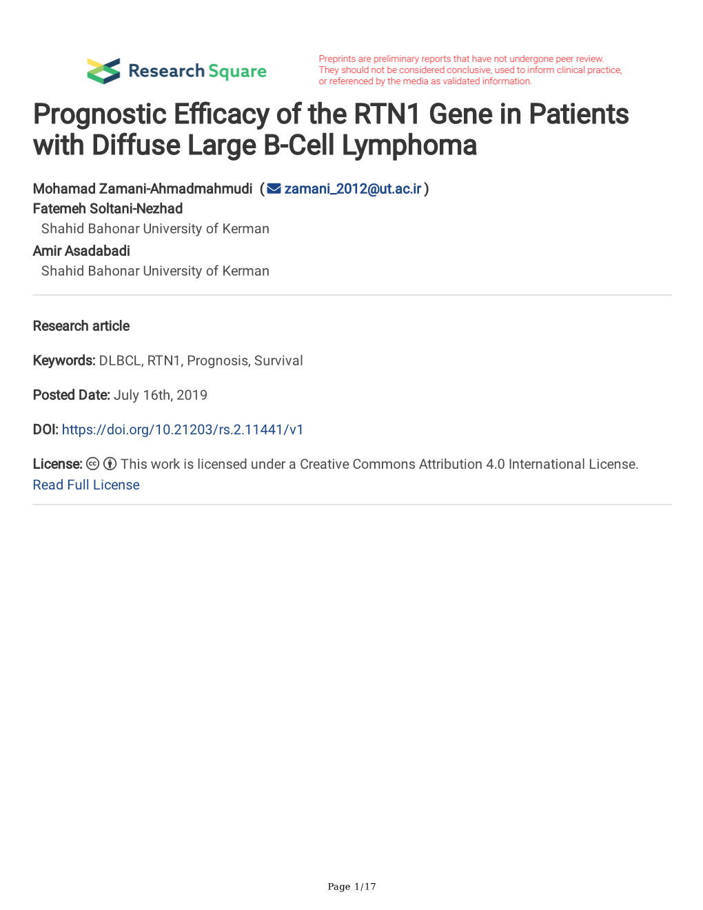 Prognostic Efficacy of the RTN1 Gene in Patients with Diffuse Large B-Cell