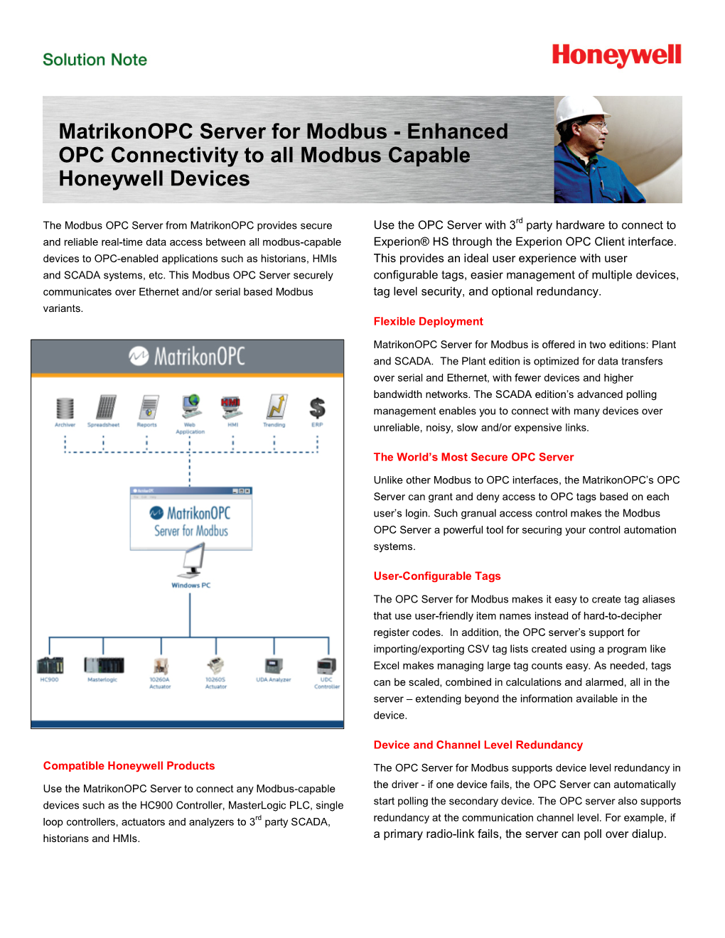 Matrikonopc Server for Modbus - Enhanced OPC Connectivity to All Modbus Capable Honeywell Devices