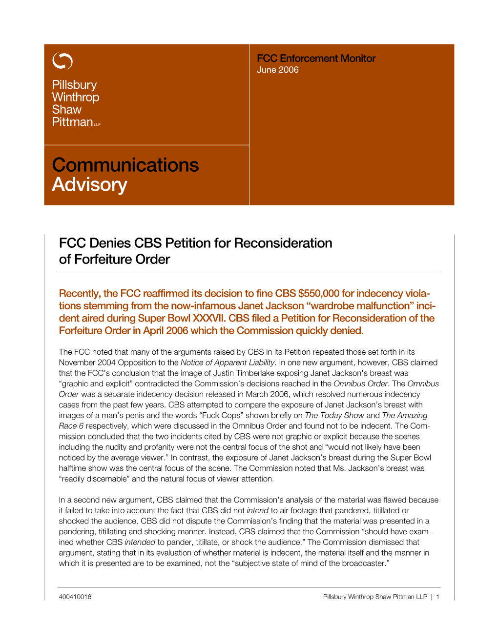 Communications Advisory FCC Enforcement Monitor FCC Enforcement Monitor June 2006