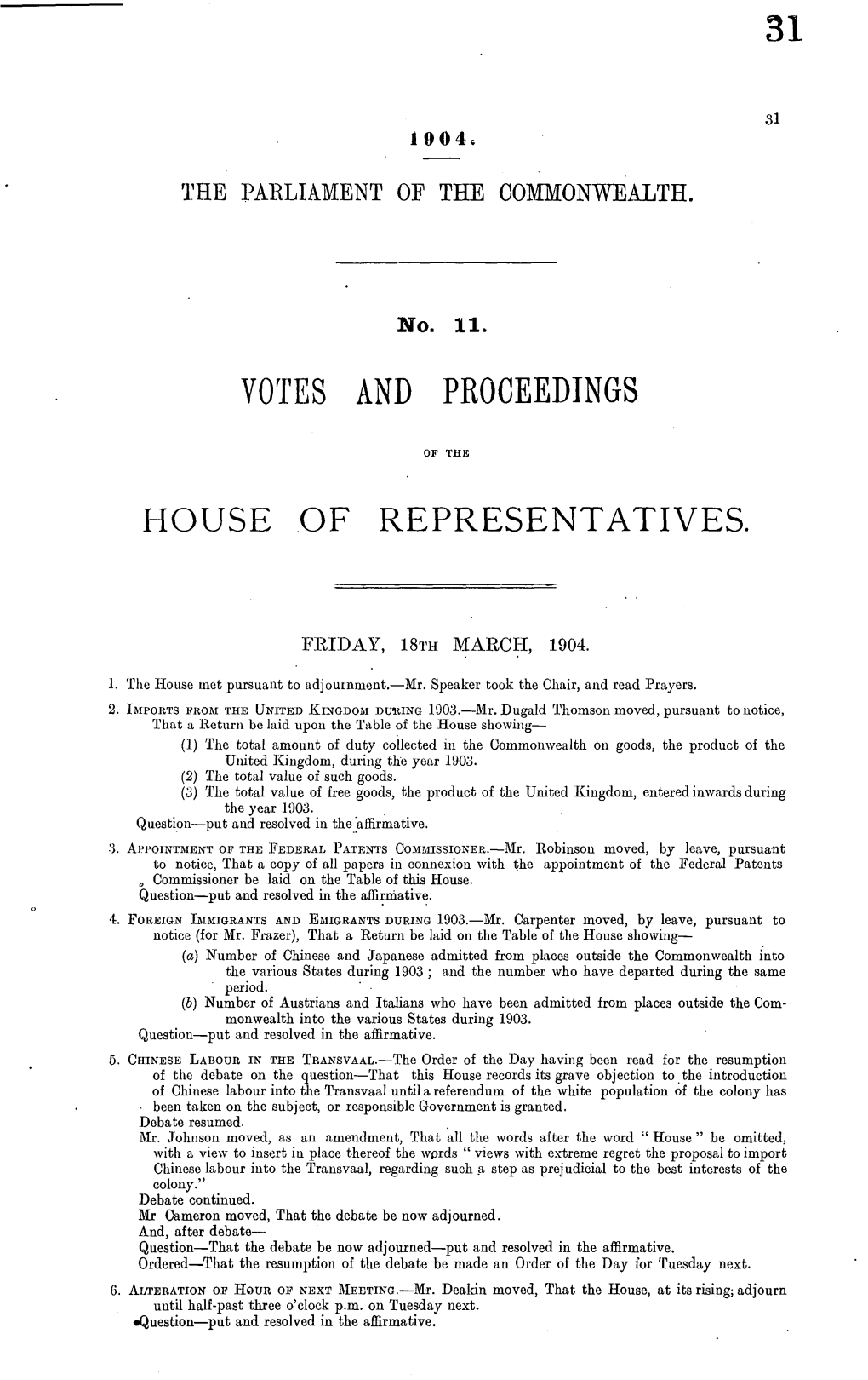 Votes and Proceedings House of Representatives