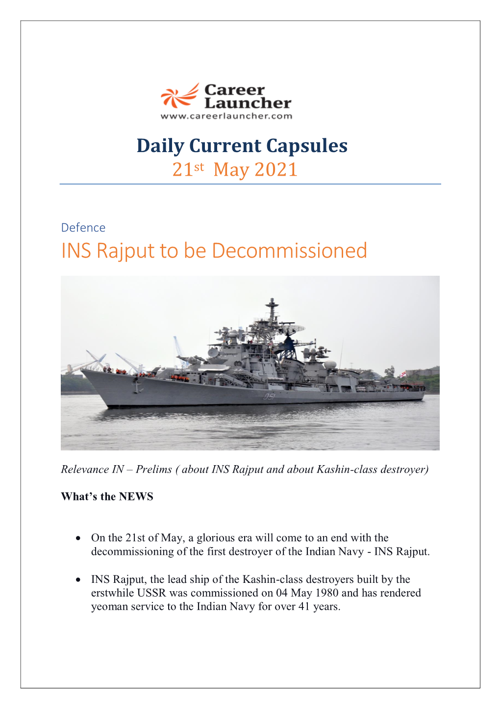 INS Rajput to Be Decommissioned