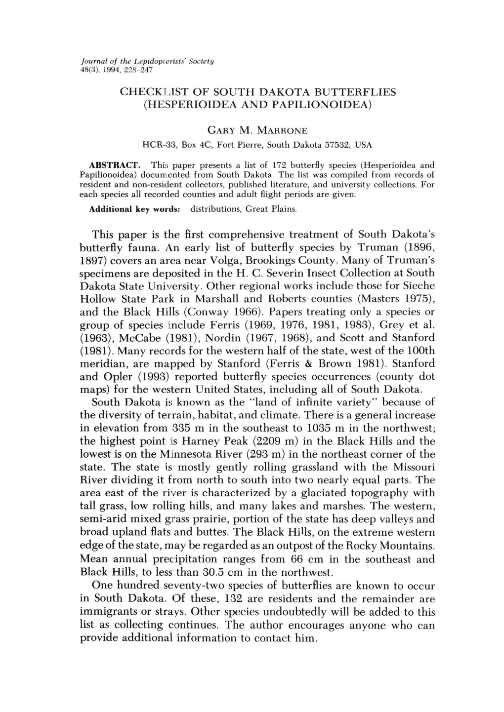 Checklist of South Dakota Butterflies (Hesperioidea and Papilionoidea)