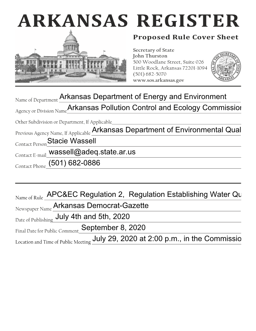 ARKANSAS REGISTER Proposed Rule Cover Sheet