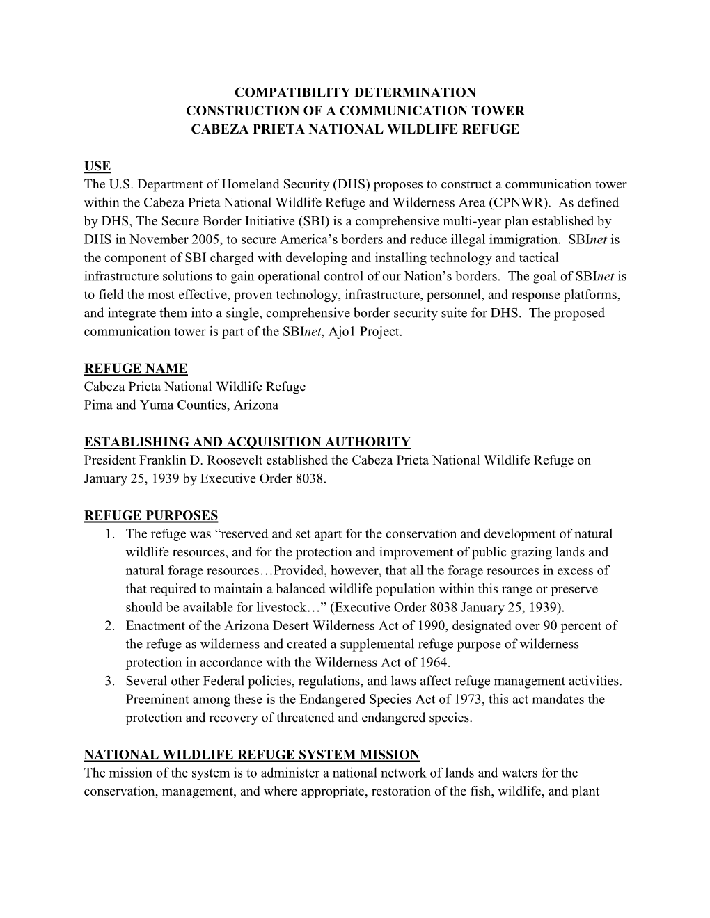 Compatibility Determination Construction of a Communication Tower Cabeza Prieta National Wildlife Refuge