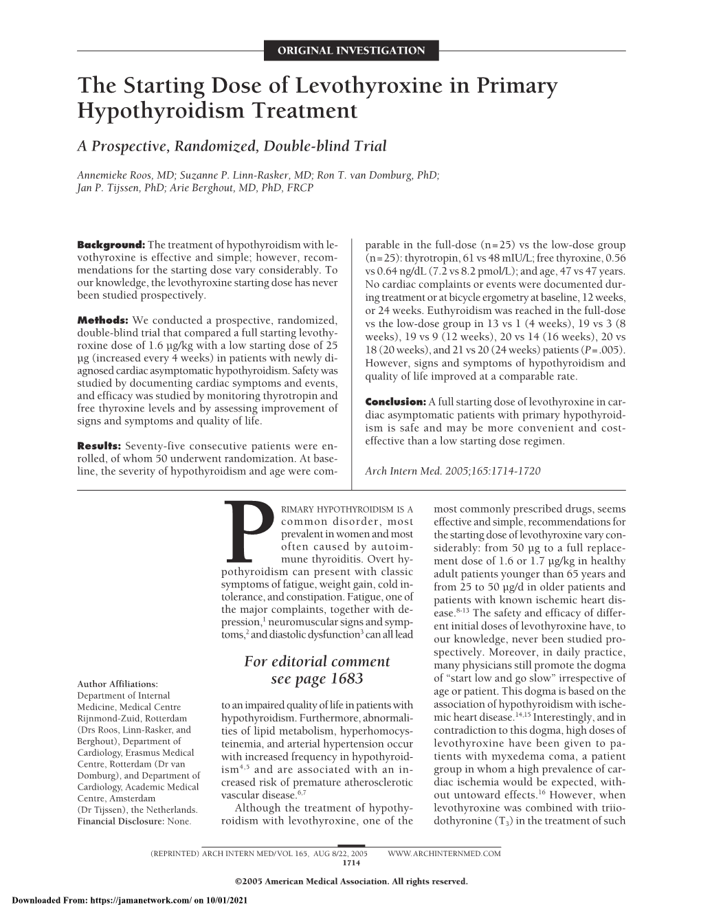 The Starting Dose of Levothyroxine in Primary Hypothyroidism Treatment a Prospective, Randomized, Double-Blind Trial