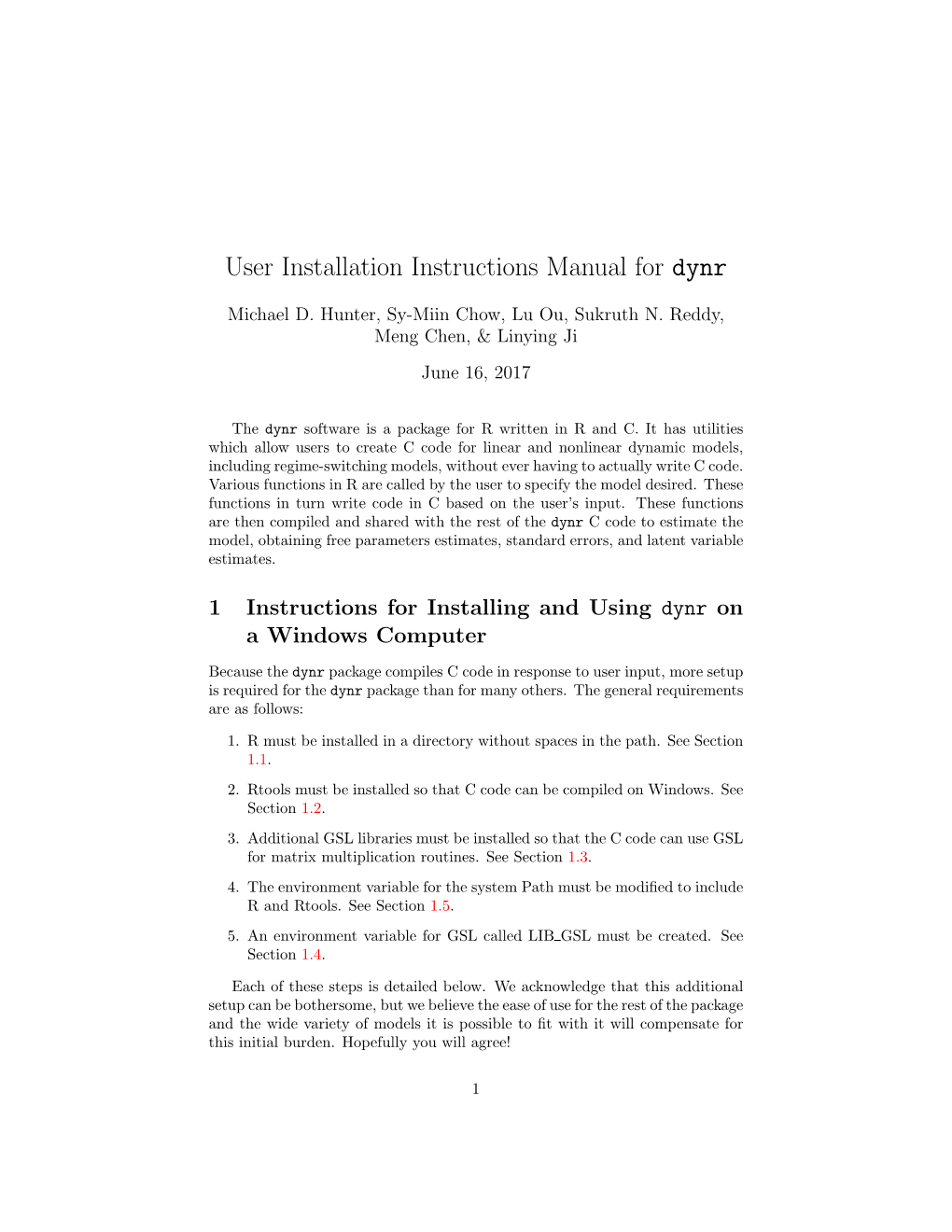 User Installation Instructions Manual for Dynr