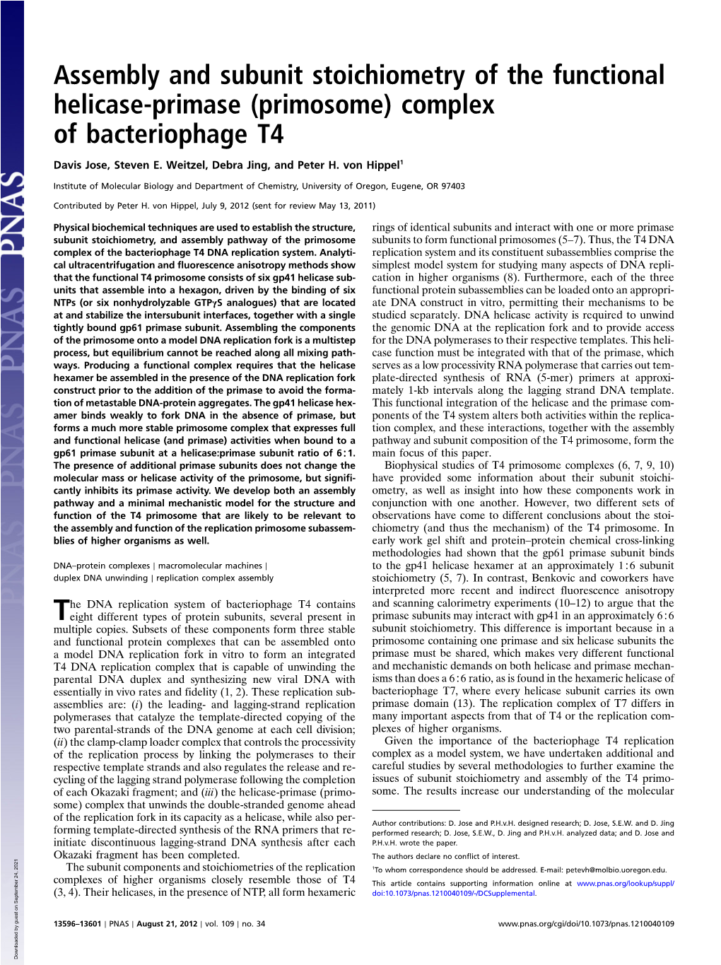 Assembly and Subunit Stoichiometry of the Functional Helicase-Primase (Primosome) Complex of Bacteriophage T4