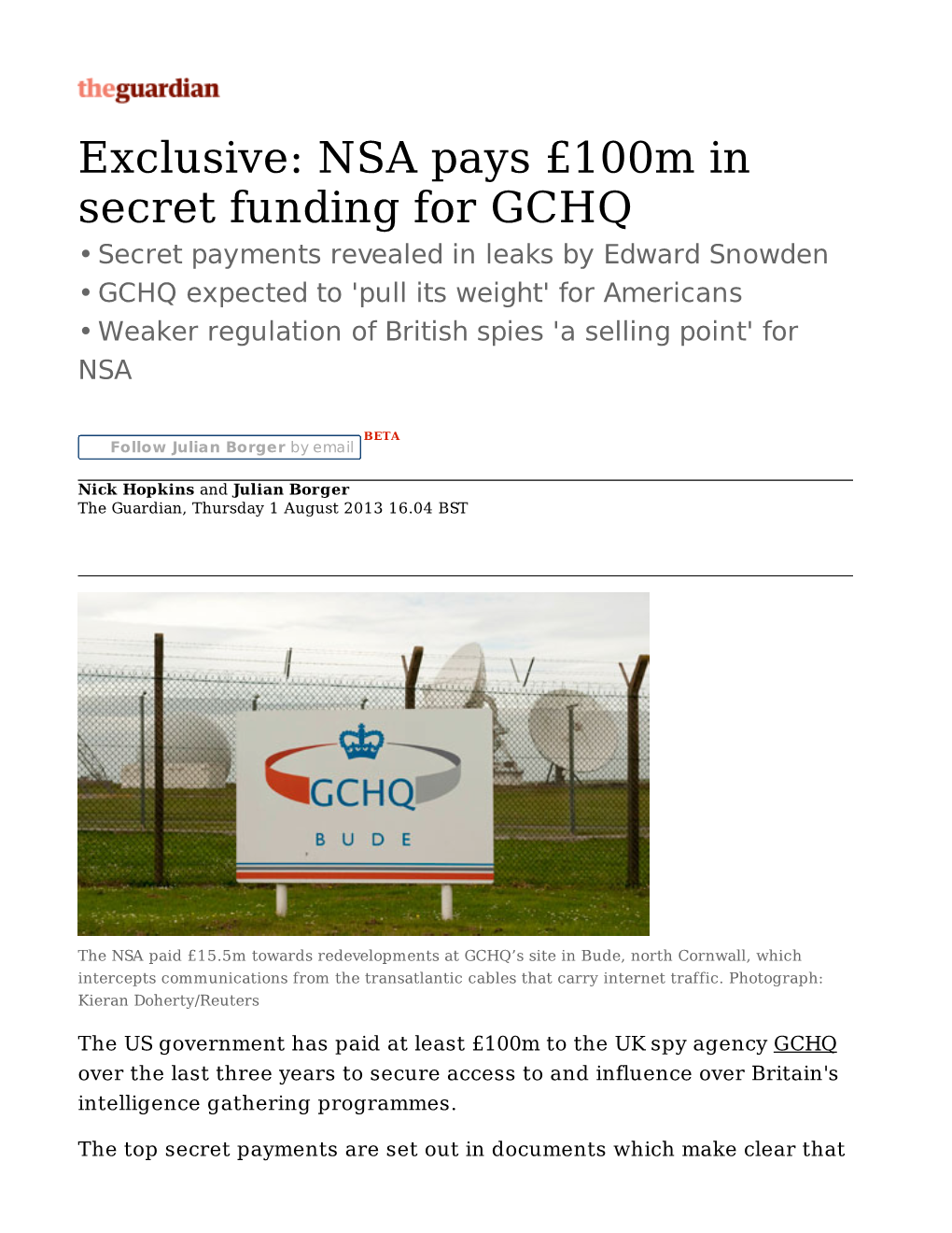 NSA Pays £100M in Secret Funding for GCHQ