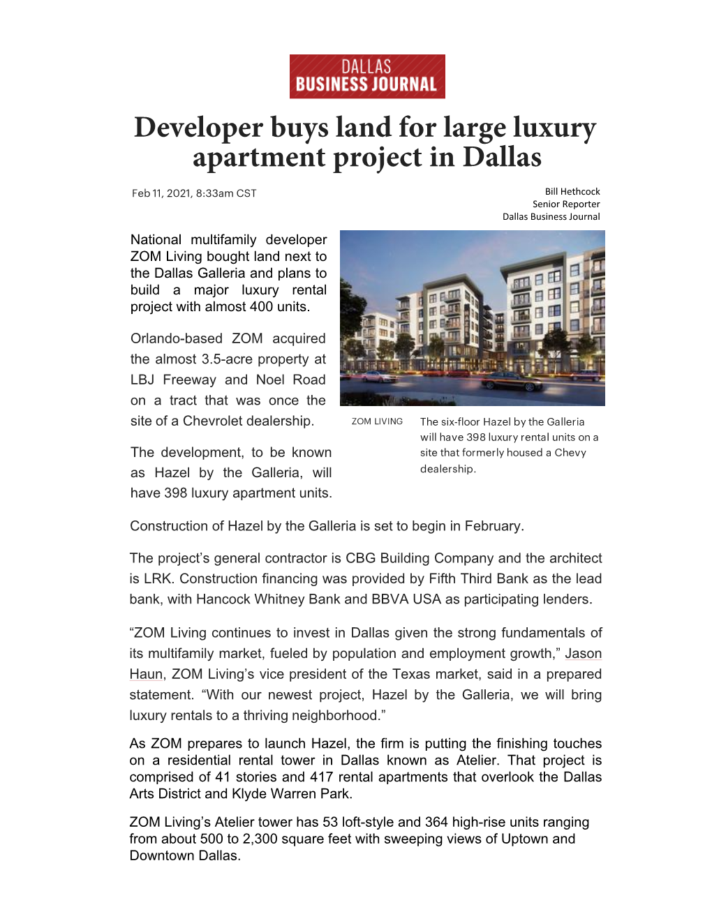 Developer Buys Land for Large Luxury Apartment Project in Dallas