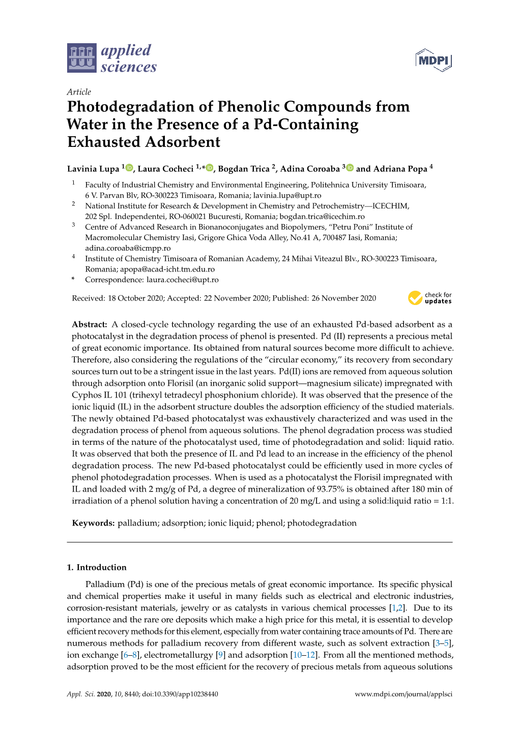 Photodegradation of Phenolic Compounds from Water in the Presence of a Pd-Containing Exhausted Adsorbent